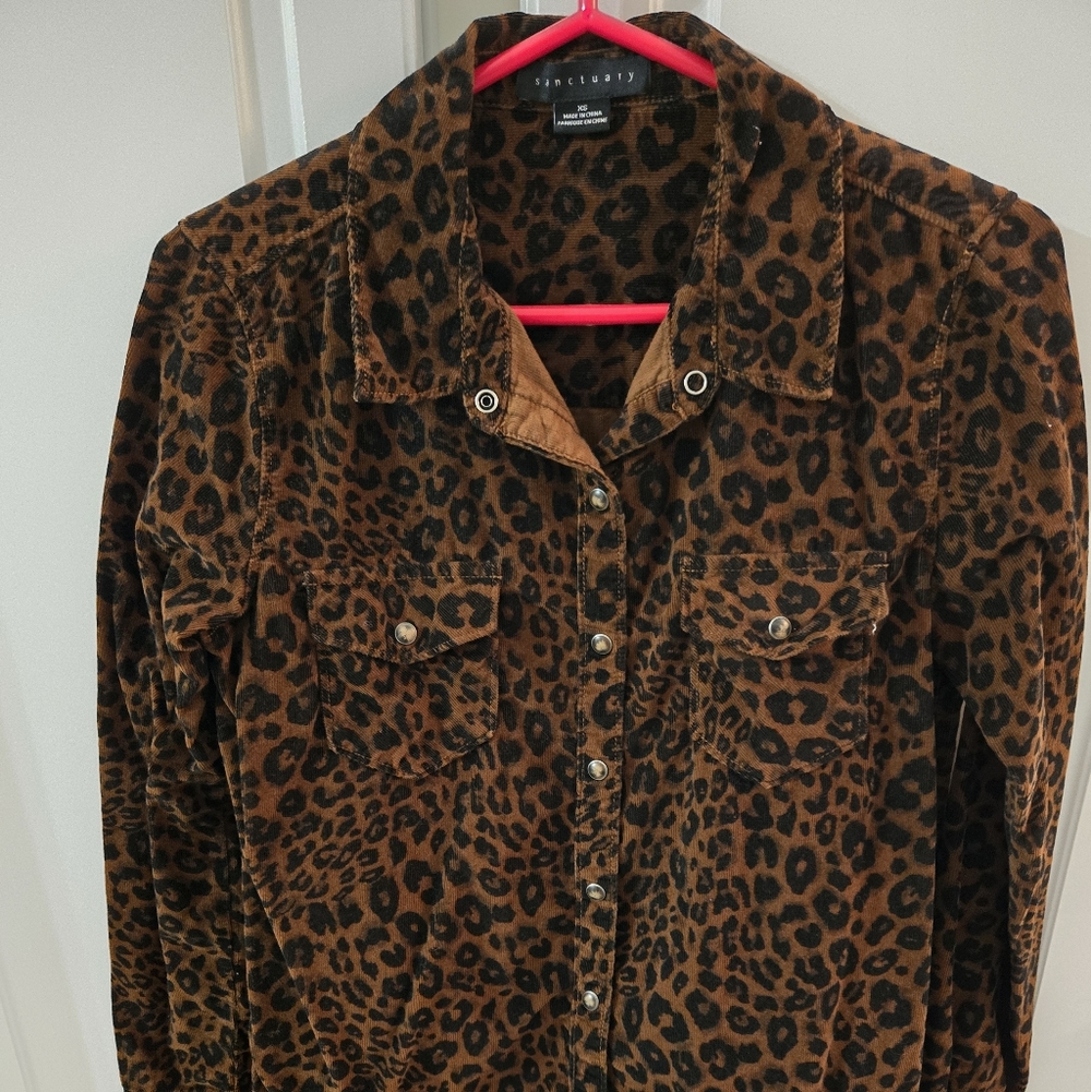 Sanctuary Brown & Black Leopard-Print Button-Down Shirt Size Extra Small